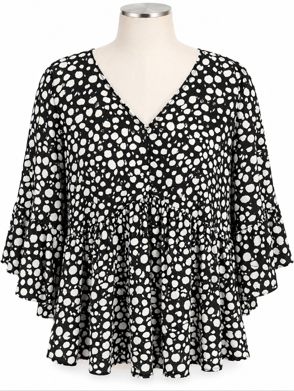 Andree by Unit Babydoll Blouse Top 2X Black Cream Abstract Polka Dot V-Neck Boho